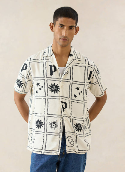 Men's Lunar Panel Cuban Shirt, Short Sleeve - Cream Viscose | Percival Top Pick