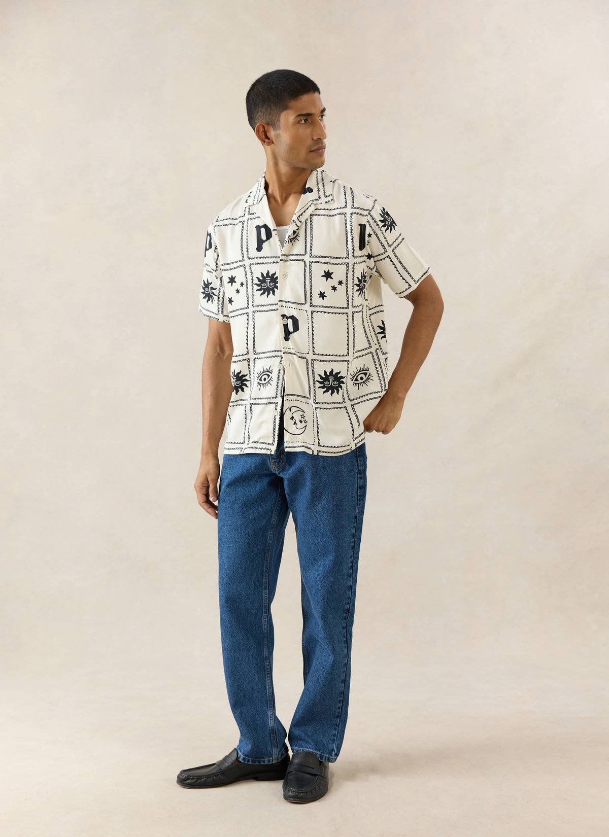 Men's Lunar Panel Cuban Shirt, Short Sleeve - Cream Viscose | Percival Top Pick