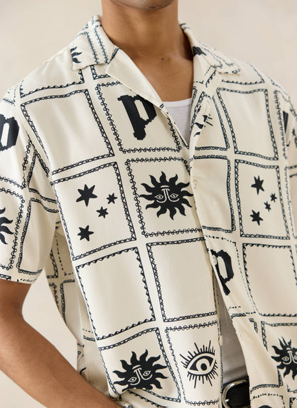 Men's Lunar Panel Cuban Shirt, Short Sleeve - Cream Viscose | Percival Top Pick