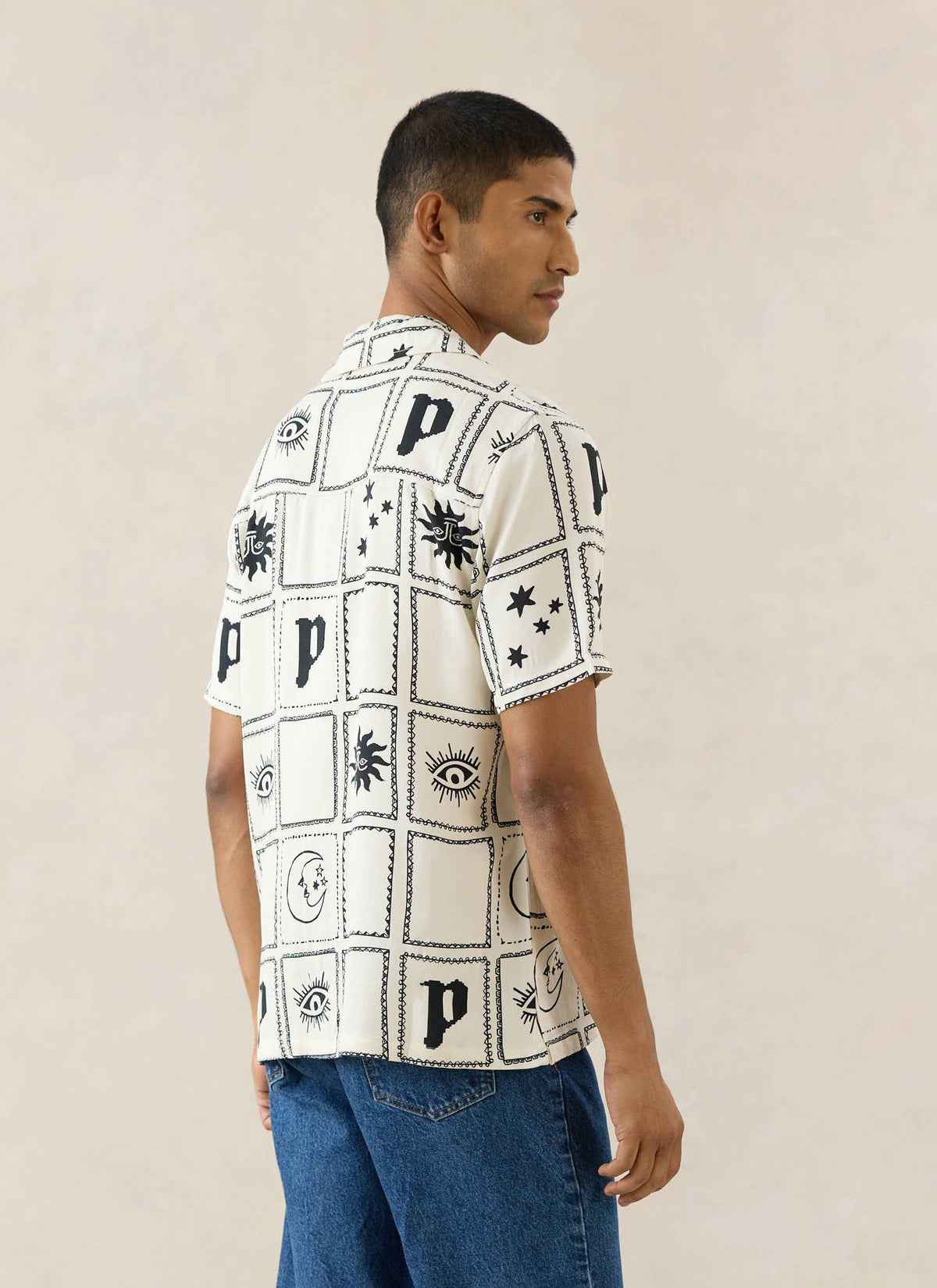 Men's Lunar Panel Cuban Shirt, Short Sleeve - Cream Viscose | Percival Top Pick