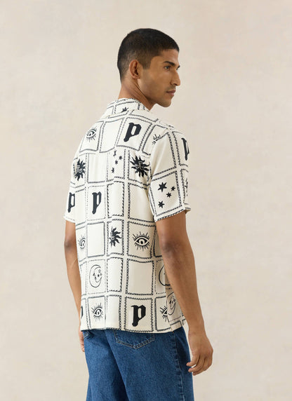 Men's Lunar Panel Cuban Shirt, Short Sleeve - Cream Viscose | Percival Top Pick