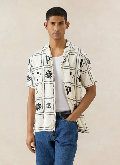 Men's Lunar Panel Cuban Shirt, Short Sleeve - Cream Viscose | Percival Top Pick