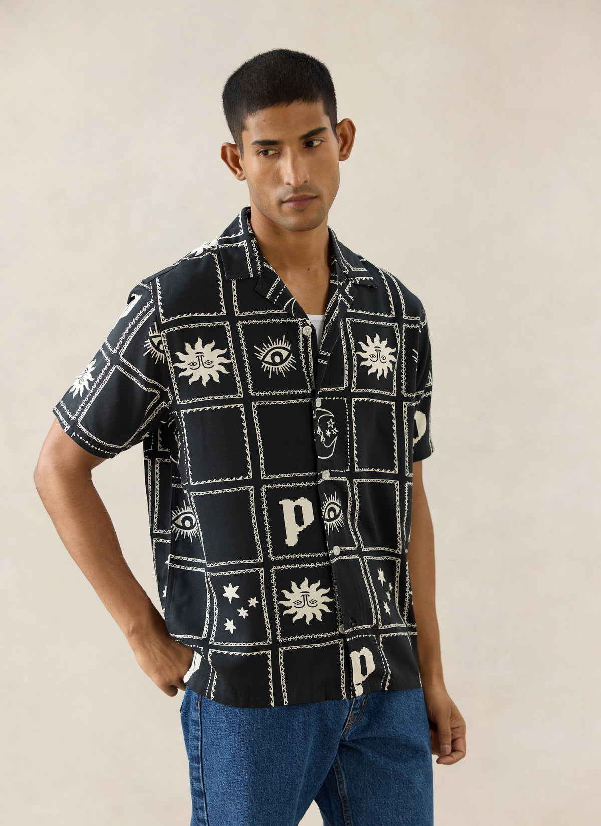 Men's Lunar Panel Cuban Shirt - Viscose - Black | Percival Best Price