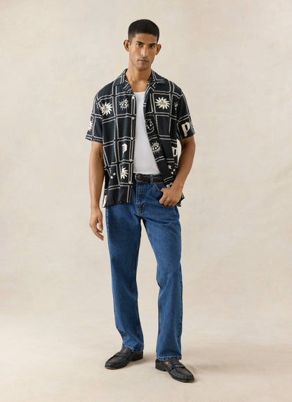Men's Lunar Panel Cuban Shirt - Viscose - Black | Percival Best Price
