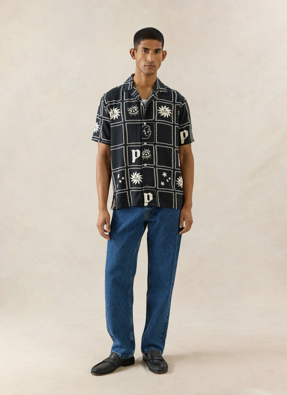 Men's Lunar Panel Cuban Shirt - Viscose - Black | Percival Best Price