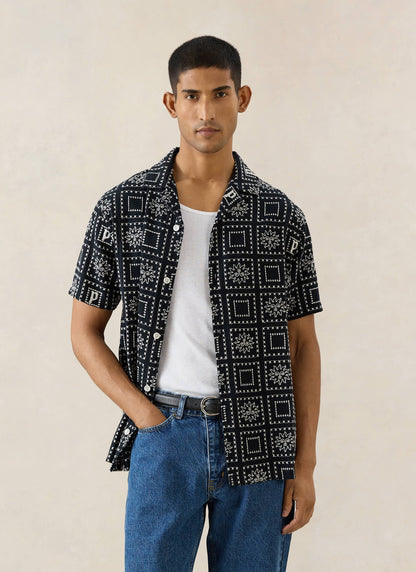Men's Solis Heaton Cuban Shirt - Linen Blend - Black | Percival Deals